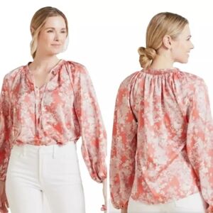 Evereve Keira Smocked Satin Long Sleeve Coral Floral Blouse |M|